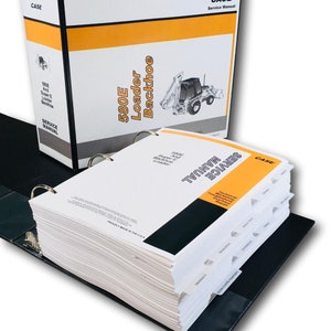 May include: A black binder with a yellow and orange cover containing a Case 580E Loader Backhoe Service Manual. The binder is open and the pages are visible. The cover of the binder has the text "CASE Service Manual" and "580E Loader Backhoe" printed on it.