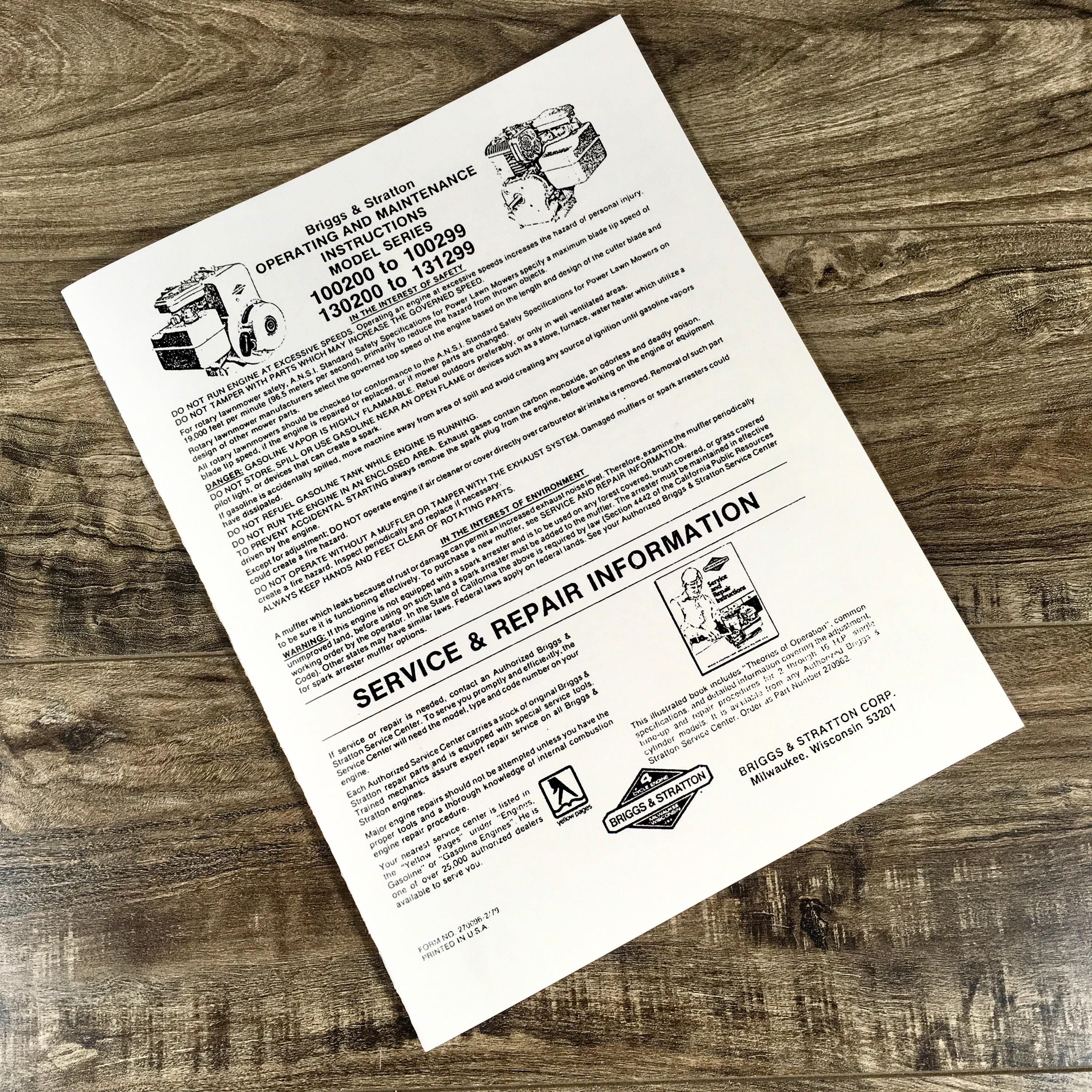 Briggs and Stratton 5hp Engine 130200 to 131299 Operating Manual