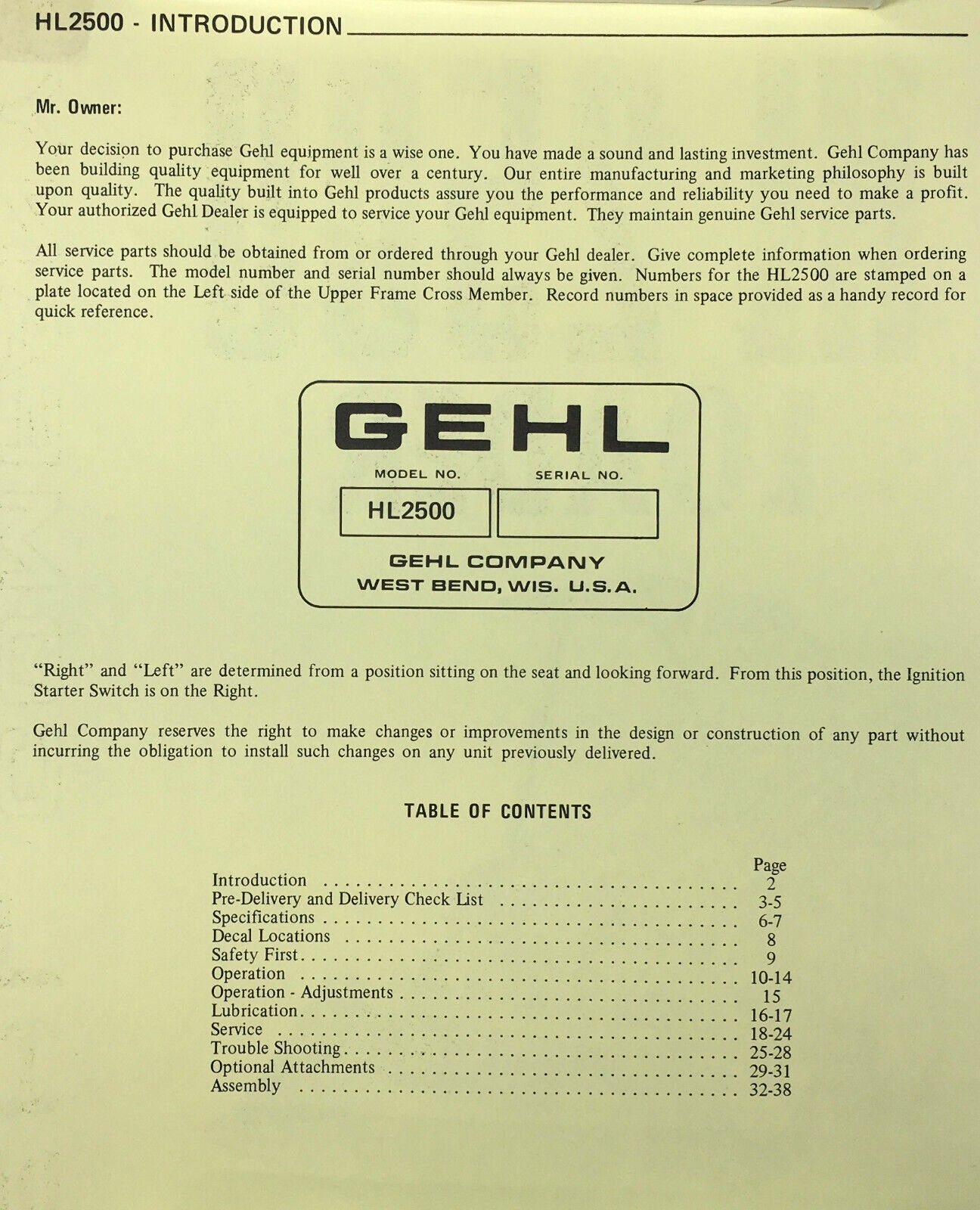 Gehl Hl 2500 Skid Steer Loader Owner Operators Manual Maintenance