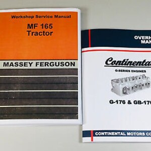 May include: Two manuals, one orange and one blue, for a Massey Ferguson MF 165 tractor and a Continental G-Series engine. The orange manual is titled "Workshop Service Manual" and the blue manual is titled "Overhaul Manual".