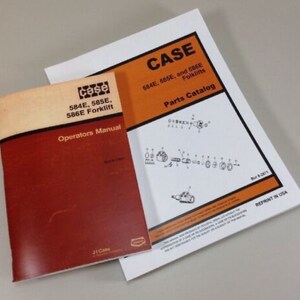 May include: Two manuals for a Case 584E, 585E, and 586E forklift. The top manual is a parts catalog and the bottom manual is an operator's manual.