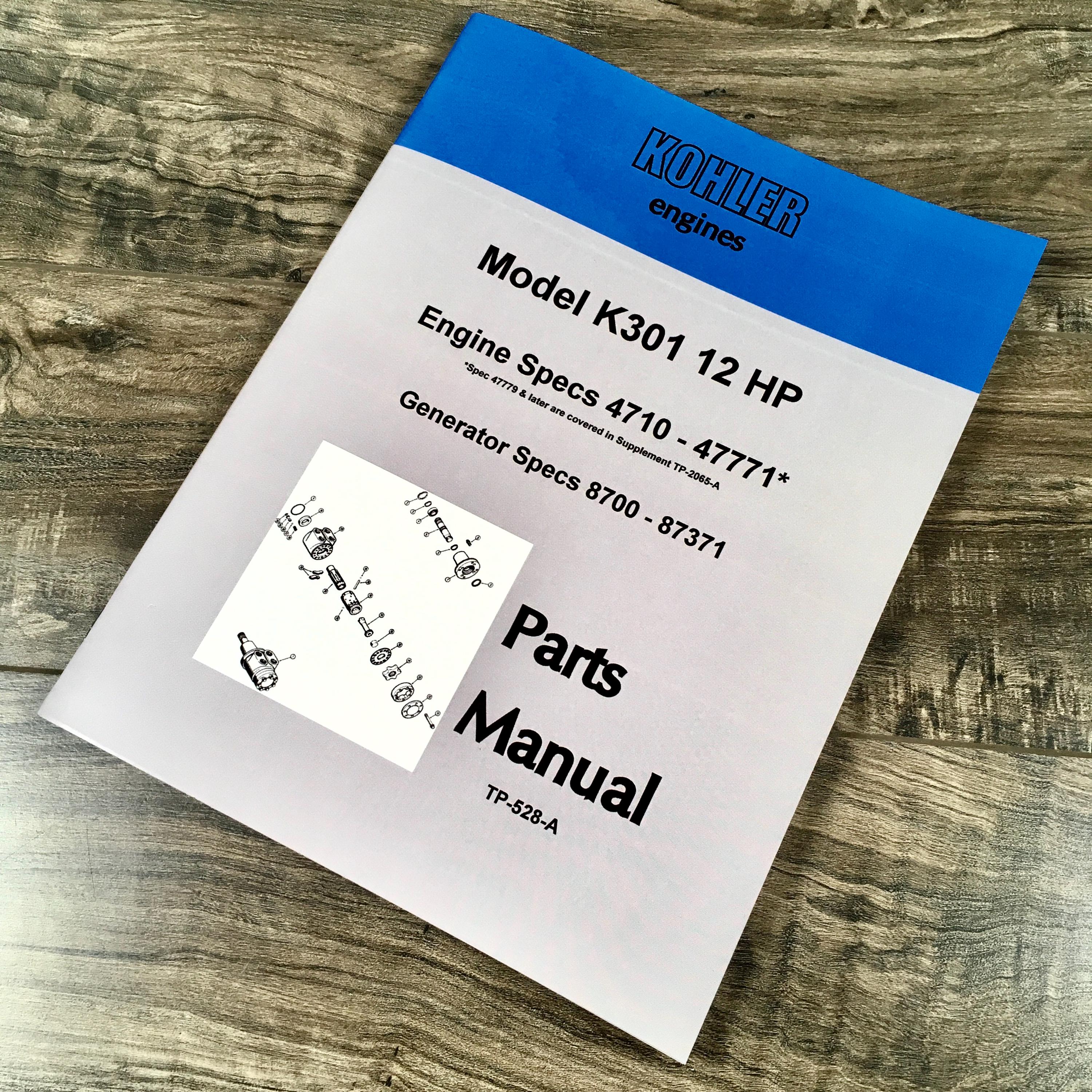 Kohler K301 12hp Engine Generator Parts Catalog Manual Exploded