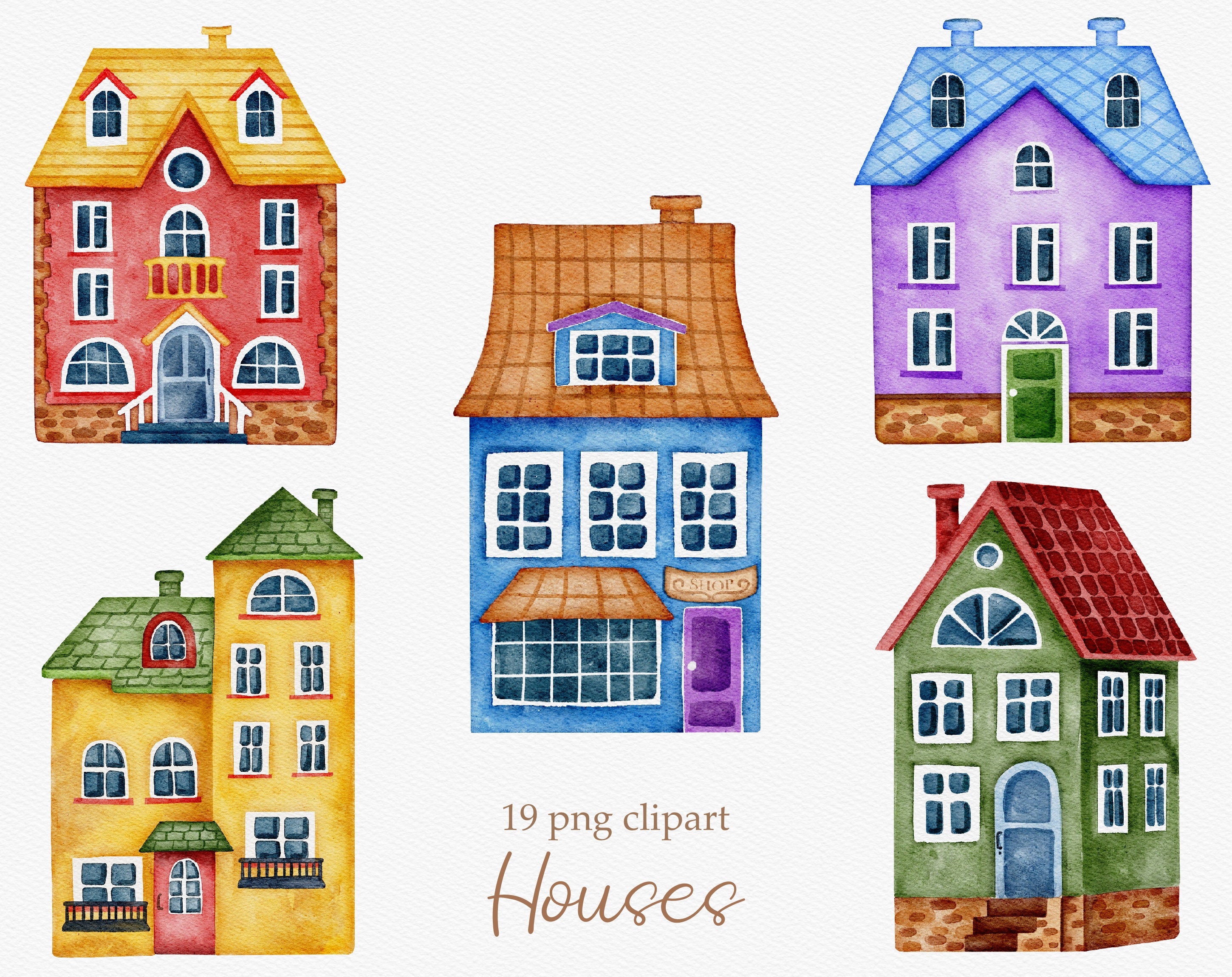 Watercolor House Clipart Cute Houses little house Town Etsy