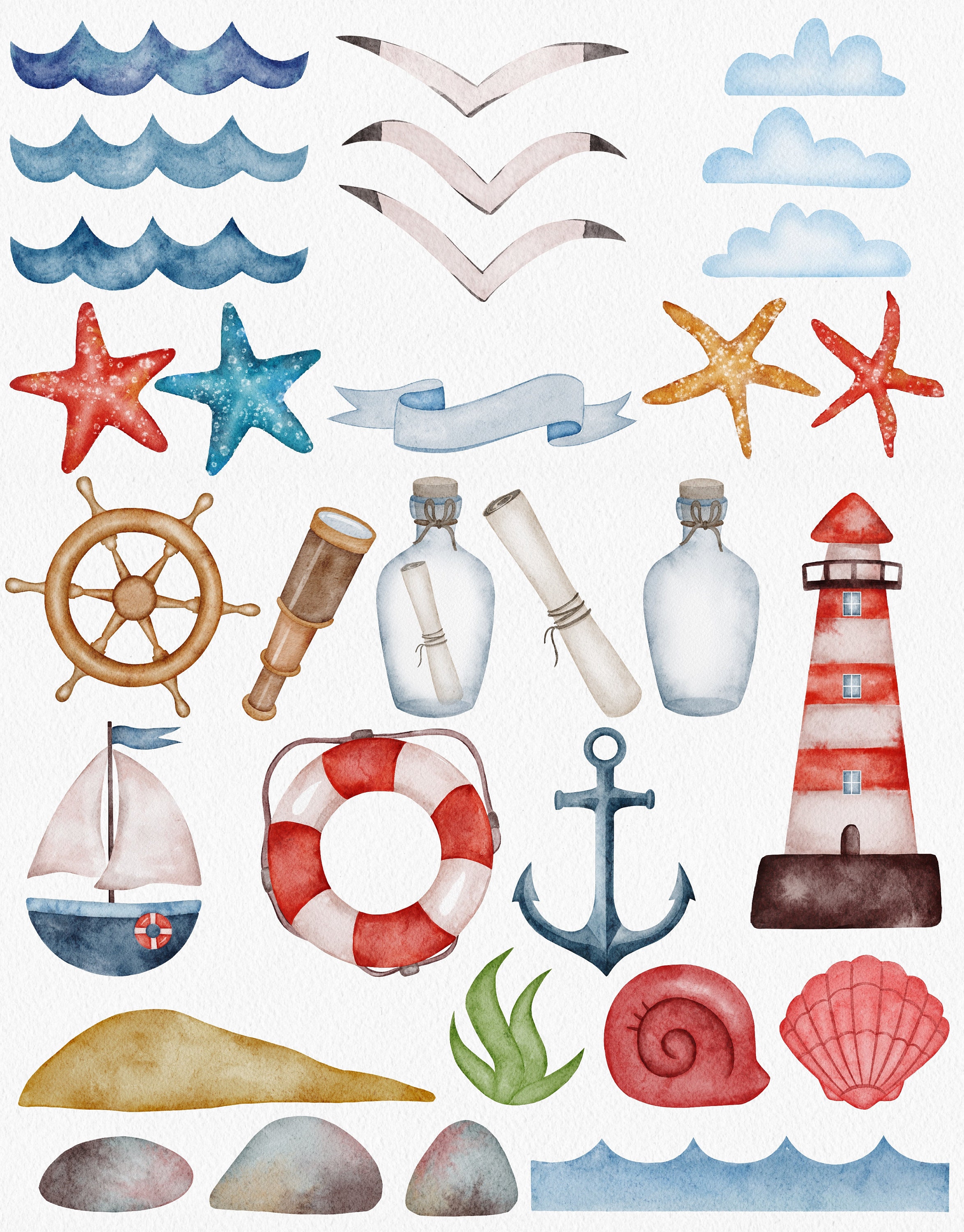 Nautical Watercolor Clipart Ocean Sea Illustration Etsy