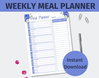 Meal Planner Printable Weekly | Weekly Meal Planner Template Printable | Weekly Meal and Snack Planner PDF | Weekly Menu Planner Printable