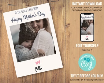 Mother's Day Photo Printable Editable Card, Customized Mothers Day Card, Personalized Card with Baby Kids Family, Mother's Day Card Template