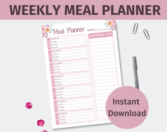 Meal Planner Printable Weekly | Weekly Meal Planner Template Printable | Weekly Meal and Snack Planner PDF | Weekly Menu Planner Printable