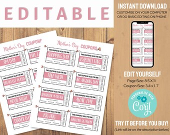 Mother's Day Coupon Editable Gift, Personalized Gift for Mom Grandma, Printable Mom Day Coupon, Mother's Day DIY Gift Coupon Book Template