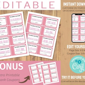Mother&#39;s Day Editable Coupon Book, Personalized Gifts for Mom Grandma, Customised Mother&#39;s Day Voucher Template, Last Minute DIY Gift Ideas