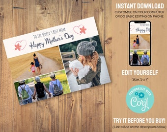 Personalized Gifts for Mom, Mother's Day Editable Photo Printable Card, Customized Mothers Day Card, Card Template with Baby Kids Family,