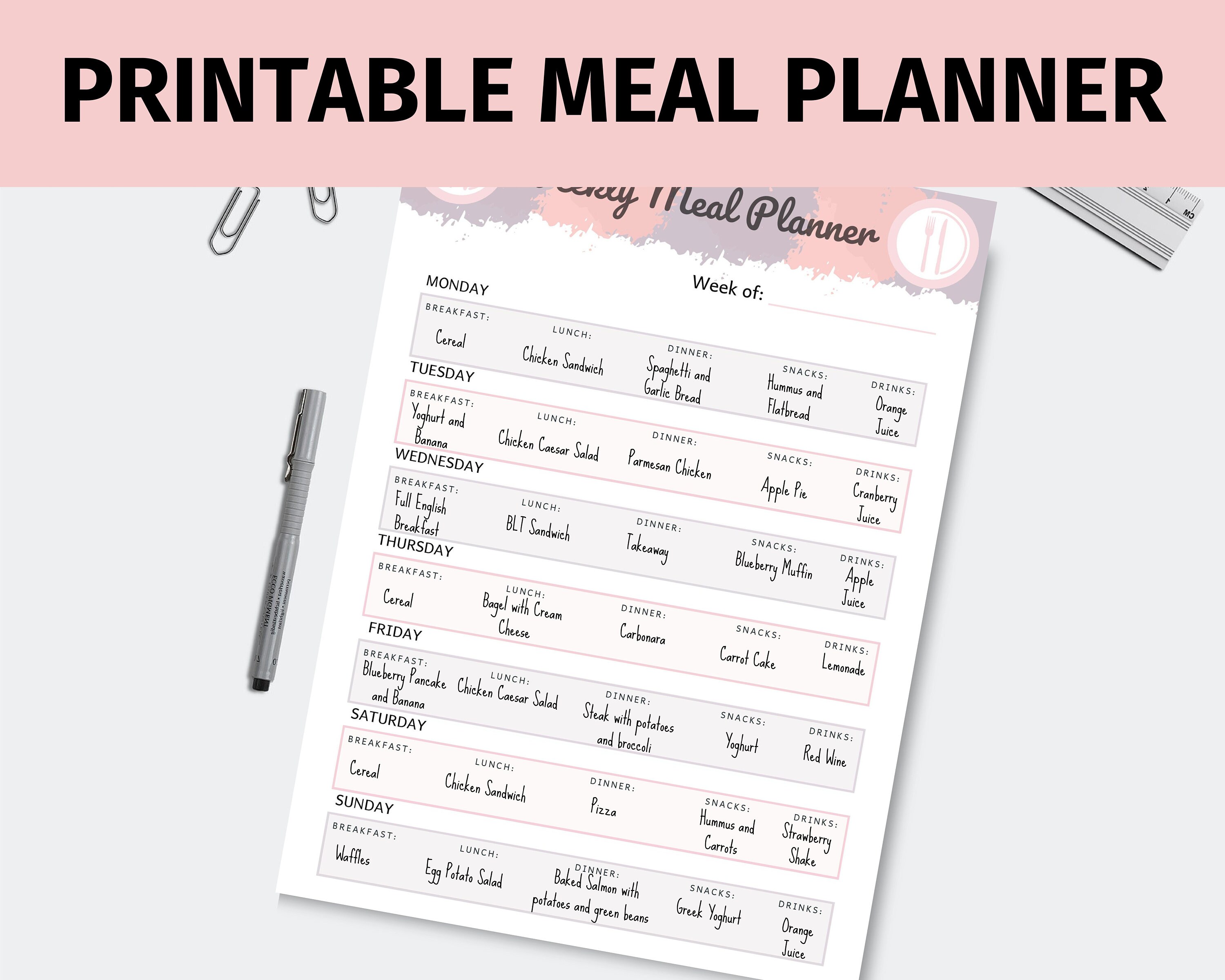 weekly meal planner printable weekly meal planner template etsy