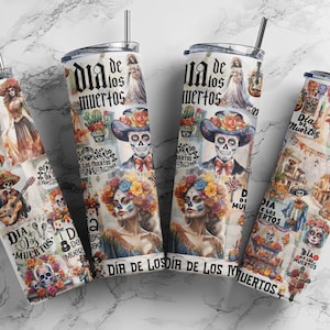 Día de Muertos 20oz Skinny Tumbler Diseño de sublimación, archivo PNG, Descarga digital, Vaso Dia De Los Muertos, Envoltura de Halloween, Patrón sin costuras