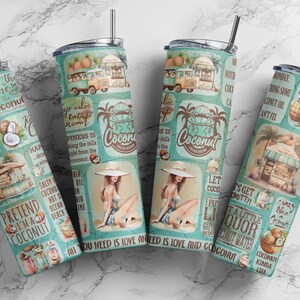 May include: A set of four stainless steel tumblers featuring a tropical coconut theme. The tumblers have a variety of designs, including palm trees, coconuts, and beach scenes. The tumblers are all decorated in a turquoise and white colour scheme. The tumblers are all printed with various phrases related to coconuts, such as "Put the lime in the coconut" and "Happiness is drinking the milk straight from the coconut".