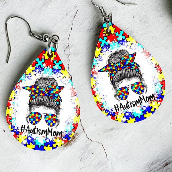 Autism Teardrop Earring Template, Autism Mom Earring PNG, Instant Download, Autism Mom Teardrop Earring Sublimation Design, Autism Earring