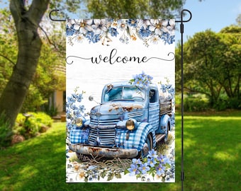 Welcome Floral Truck With Blue Flowers 12x18 Garden Flag Sublimation Design, Instant Download, PNG, Gingnham Truck Welcome Garden Flag