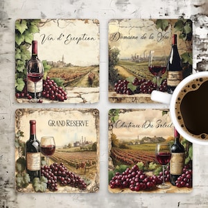 May include: Four square coasters with wine-themed designs. Each coaster features a bottle of wine, a glass of red wine, and grapes, with vineyard scenes in the background. The coasters have text that reads "Vin d' Exception", "Domaine de la Vie", "Grand Reserve", and "Chateau Du Soleil".
