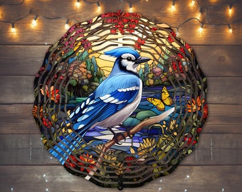 Stained Glass Blue Jay Bird Wind Spinner Sublimation Design, Instant Download, PNG, Blue Jay Wind Spinner Template, Wind Spinner Sublimation