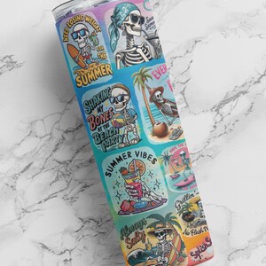 May include: A blue and pink tumbler with a variety of summer-themed designs featuring skeletons. The designs include "Keep Losing Weight for the Summer", "Shaking My Bones at the Beach Party", "Summer Vibes", "Always Salty", "Swe Summer", "Ever", "Have the Best Summer", "Grillin' No Flesh Needed", and "Splish Splash".
