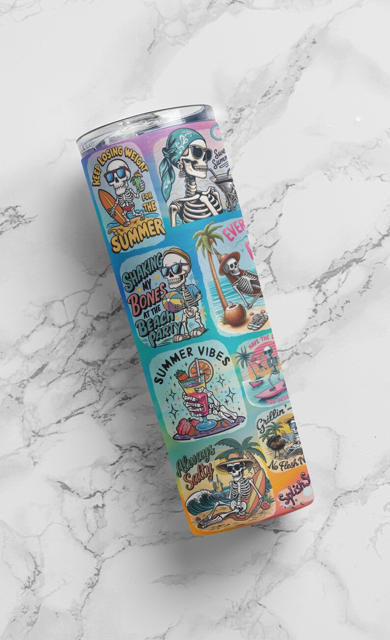 May include: A blue and pink tumbler with a variety of summer-themed designs featuring skeletons. The designs include "Keep Losing Weight for the Summer", "Shaking My Bones at the Beach Party", "Summer Vibes", "Always Salty", "Swe Summer", "Ever", "Have the Best Summer", "Grillin' No Flesh Needed", and "Splish Splash".