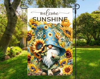 Welcome Sunshine Garden Flag Sublimation Design, Sunflower Gnome (PNG Digital Download)