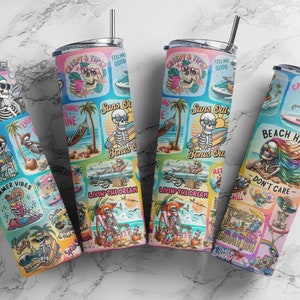 May include: Four colorful stainless steel tumblers with a summer beach theme. Each tumbler features a different design with a skeleton character, palm trees, and phrases like "Suns Out Bones Out" and "Catch a Wave".