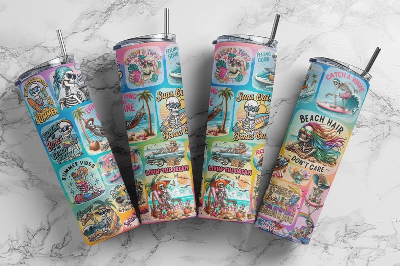 May include: Four colorful stainless steel tumblers with a summer beach theme. Each tumbler features a different design with a skeleton character, palm trees, and phrases like "Suns Out Bones Out" and "Catch a Wave".