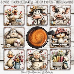 May include: A collection of eight square coasters featuring Easter-themed illustrations. Designs include a chicken, cow, pig, bunny, duck, lamb, and chick, plus a coffee cup. Digital download coasters.