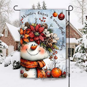 Winter Kisses Garden Flag Sublimation Design, PNG, Quirky Snowman 12x18 Garden Flag, Digital Download, Merry Christmas Snowman Garden Flag