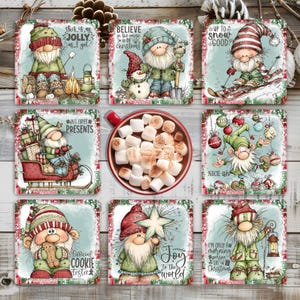 Podkładka pod kubek z motywem krasnali świątecznych, wzór sublimacji, podstawka pod kubek z motywem świątecznych krasnali w formacie PNG, szablon świątecznych krasnali, nadruk na podstawce, pobieranie cyfrowe