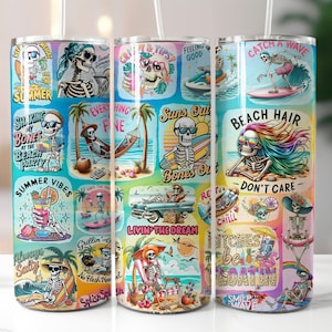 May include: A colorful stainless steel tumbler with a summer beach theme. The tumbler features a variety of images including skeletons, palm trees, surfboards, and the text "Suns Out Bones Out", "Beach Hair Don't Care", "Summer Vibes", and "Livin' the Dream".