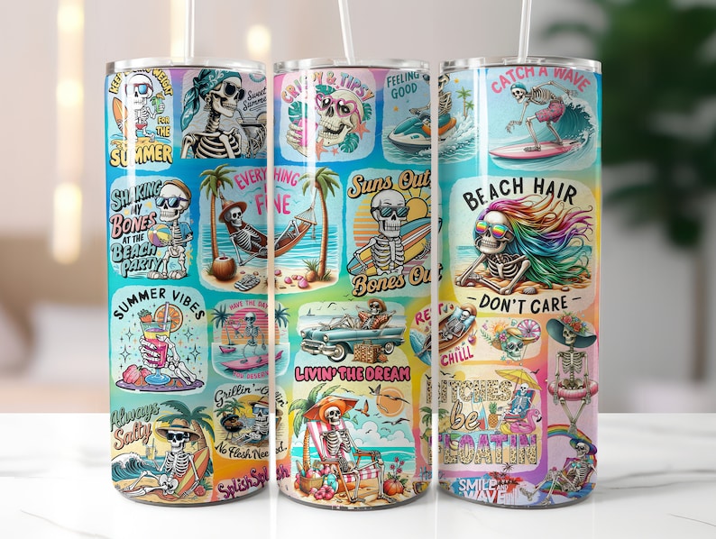 May include: A colorful stainless steel tumbler with a summer beach theme. The tumbler features a variety of images including skeletons, palm trees, surfboards, and the text "Suns Out Bones Out", "Beach Hair Don't Care", "Summer Vibes", and "Livin' the Dream".