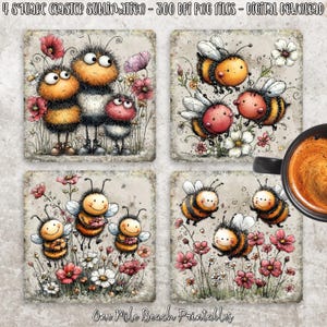 May include: Four square coasters with whimsical bee illustrations. Each coaster features a different bee family scene with flowers. The bees are yellow, black, and red, set against a neutral background. The text "One Mile Beach Printables" is at the bottom.