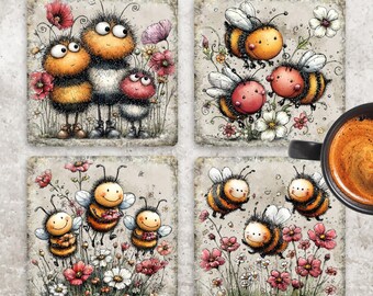 May include: Four square coasters with whimsical bee illustrations. Each coaster features a different bee family scene with flowers. The bees are yellow, black, and red, set against a neutral background. The text "One Mile Beach Printables" is at the bottom.