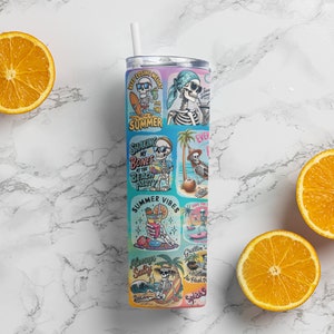 May include: A stainless steel tumbler with a colorful design featuring skeletons, palm trees, and summer-themed phrases like "Keep Losing Myself at the Beach" and "Summer Vibes".