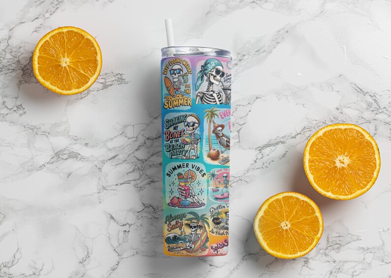 May include: A stainless steel tumbler with a colorful design featuring skeletons, palm trees, and summer-themed phrases like "Keep Losing Myself at the Beach" and "Summer Vibes".