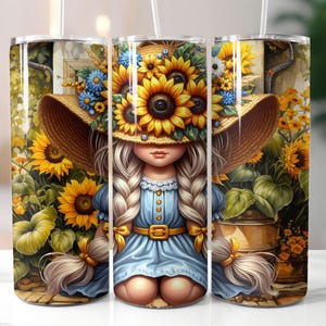 Sunflower Gnome Girl 20oz Skinny Tumbler Sublimation Design, Sunflower Gnome Tumbler Wrap, PNG, Gnome Tumbler Template, Digital Download