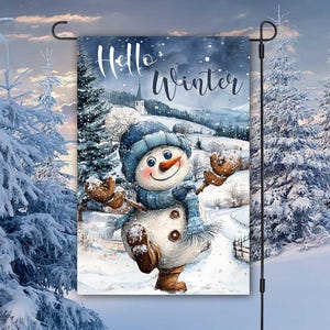 Hello Winter Garden Flag Sublimation, PNG, Cute Snowman 12x18 Garden Flag, Digital Download, Snowman Christmas Garden Flag, Snowman Template