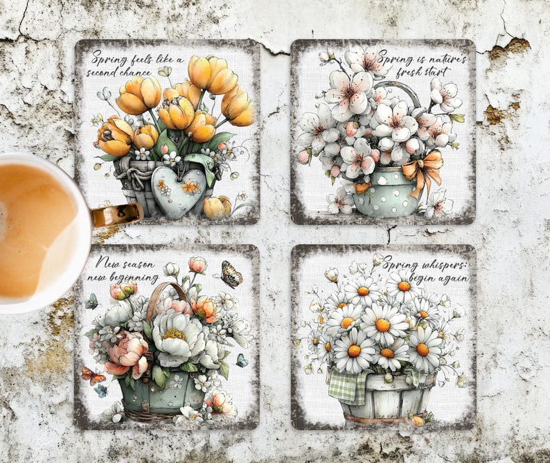 Spring Flowers Square Whimsical Spring Flowers Square Coaster Sublimation Design ...