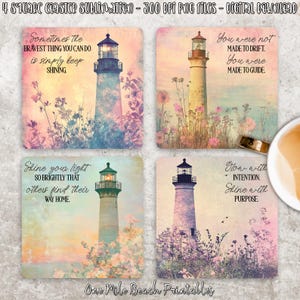 May include: Four square coasters featuring lighthouse designs and motivational quotes. Each coaster displays a different lighthouse illustration with floral details and phrases such as "Shine your light" and "Shine with purpose."