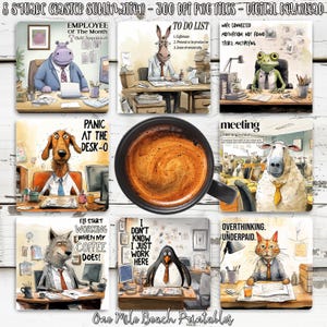 Puede incluir: Juego de ocho posavasos cuadrados con ilustraciones humorísticas con temática de oficina. Cada posavasos presenta un personaje animal diferente en un entorno de trabajo, con frases como "Employee of the Month" y "Panic at the Desk-O". Incluye una taza de café.
