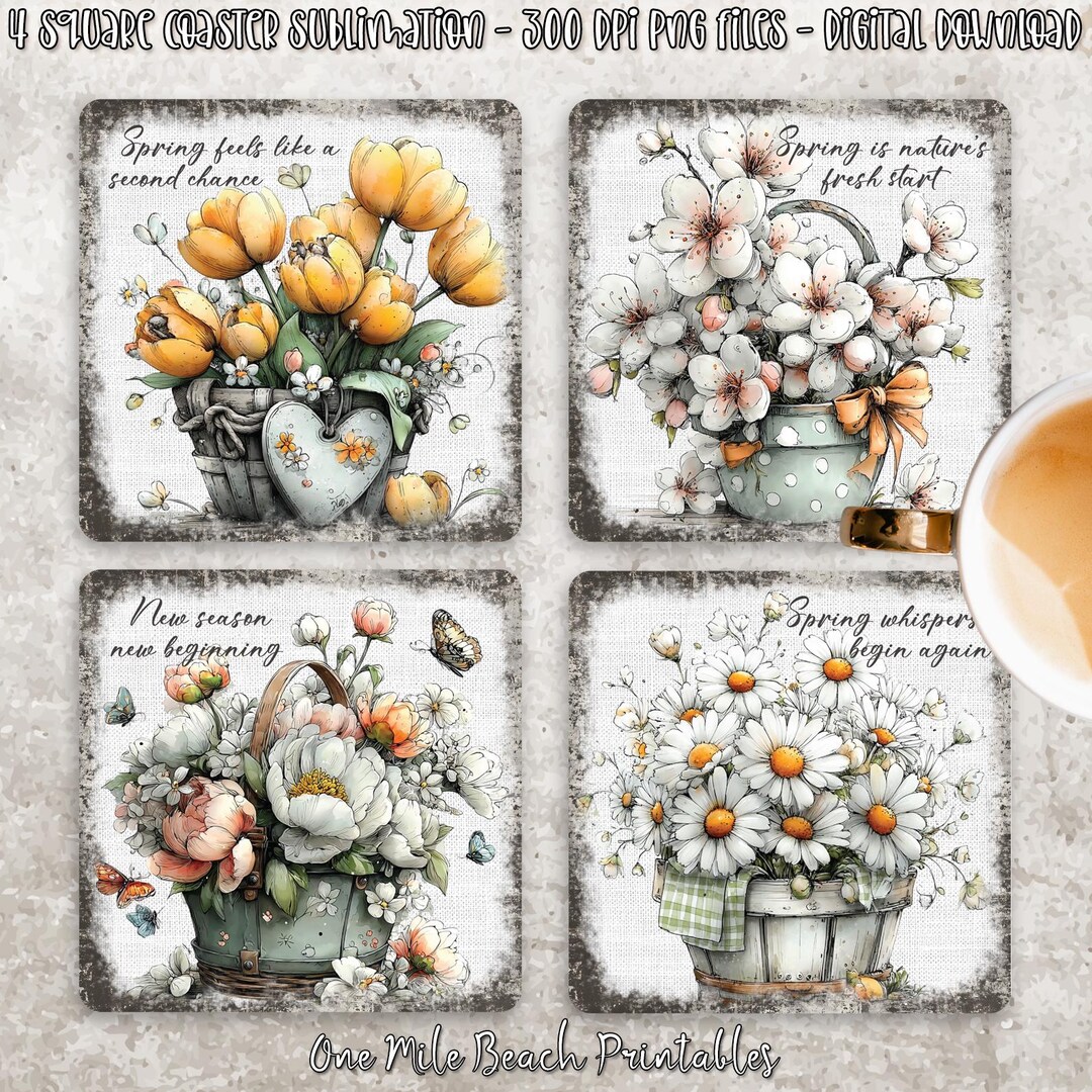 Spring Flowers Square Whimsical Spring Flowers Square Coaster Sublimation Design ...