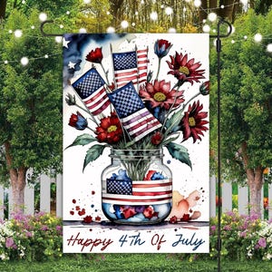 Bandiera da giardino con vaso floreale patriottico 12x18, design a sublimazione, download immediato, PNG, bandiera da giardino del 4 luglio, modello per bandiera da giardino con fiori degli Stati Uniti