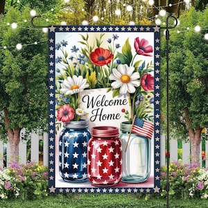 Bandiera da giardino con vaso floreale patriottico 12x18, design a sublimazione, download immediato, PNG, bandiera da giardino patriottica di benvenuto, bandiera da giardino USA in formato PNG