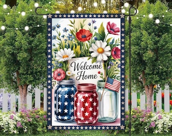 Patriotic Floral Jar 12x18 Garden Flag Sublimation Design, Instant Download, PNG, Patriotic Welcome Home Garden Flag, USA Garden Flag PNG