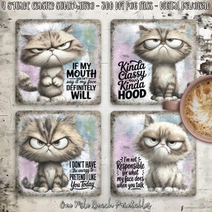 May include: Four square coasters with grumpy cat illustrations and humorous quotes. Each coaster features a different image of the cat with phrases like "If my mouth doesn't say it my face definitely will."