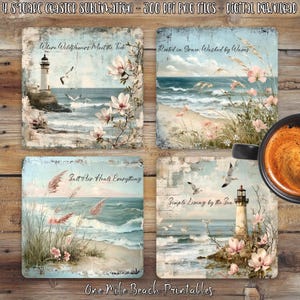 May include: Four square coasters with coastal scenes. Each coaster features a different design: a lighthouse, beach, flowers, and inspirational quotes. The coasters have a distressed, vintage aesthetic with soft colours and the text "Where Wildflowers Meet the Tide".