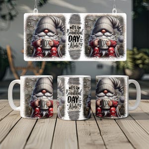 May include: A white ceramic mug and a decorative sign featuring a gnome holding a "NOPE" sign. The gnome wears a gray hat and red outfit. The sign and mug also feature the text "It's a Beautiful Day to Leave Me Alone."