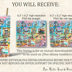May include: A digital download of a 9.3 inches by 8.2 inches high resolution PNG file featuring a colorful pattern of a skeleton surfing, palm trees, and beach-themed phrases. The pattern is designed for use on 20 ounce skinny tumblers.