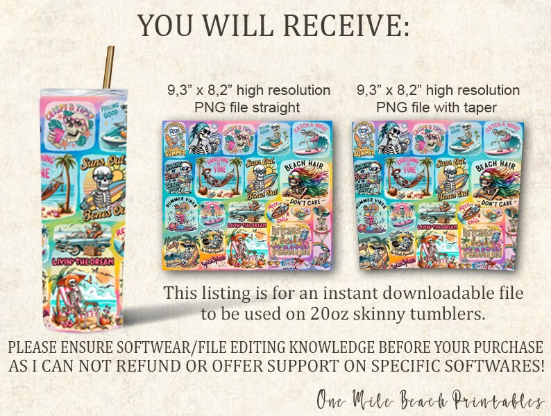 May include: A digital download of a 9.3 inches by 8.2 inches high resolution PNG file featuring a colorful pattern of a skeleton surfing, palm trees, and beach-themed phrases. The pattern is designed for use on 20 ounce skinny tumblers.