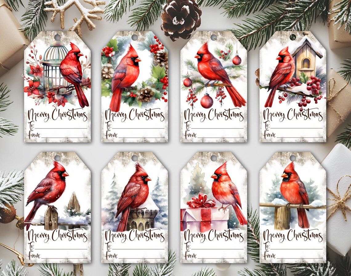 Red Cardinal Christmas Gift Tags, Holiday Bird Labels (digital Download ...
